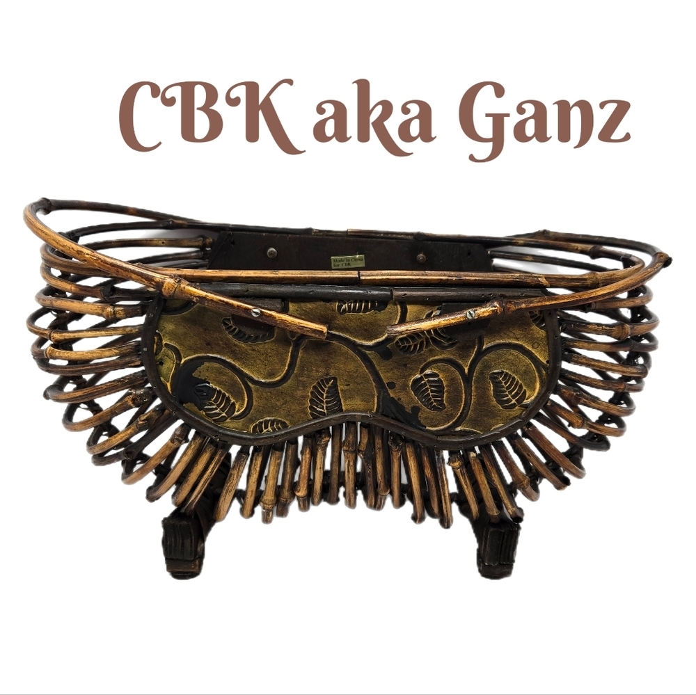 CBK aka Ganz Vintage Bamboo & Wood Handled Table Basket Leaf Vine Design Rustic